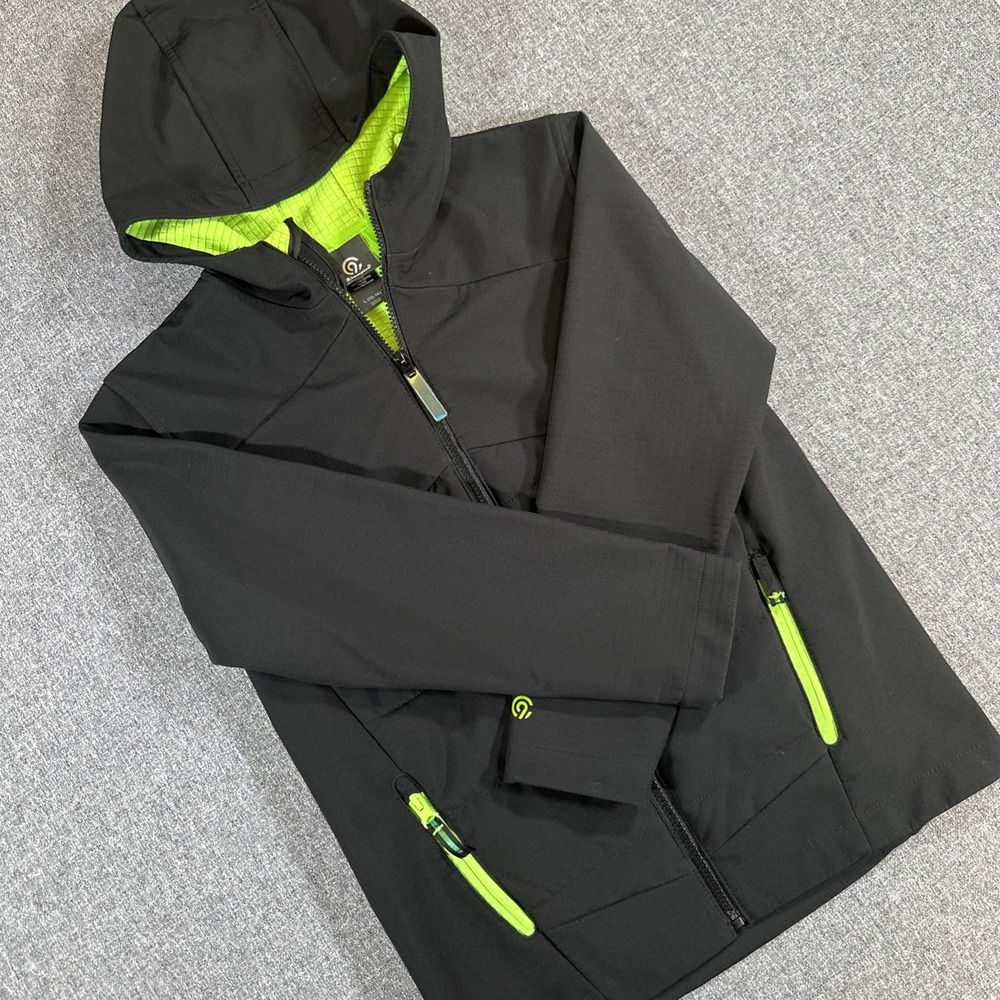 Champion Youth Large Black Softshell Jacket Neon Green Hood Zip Coat Windbreak